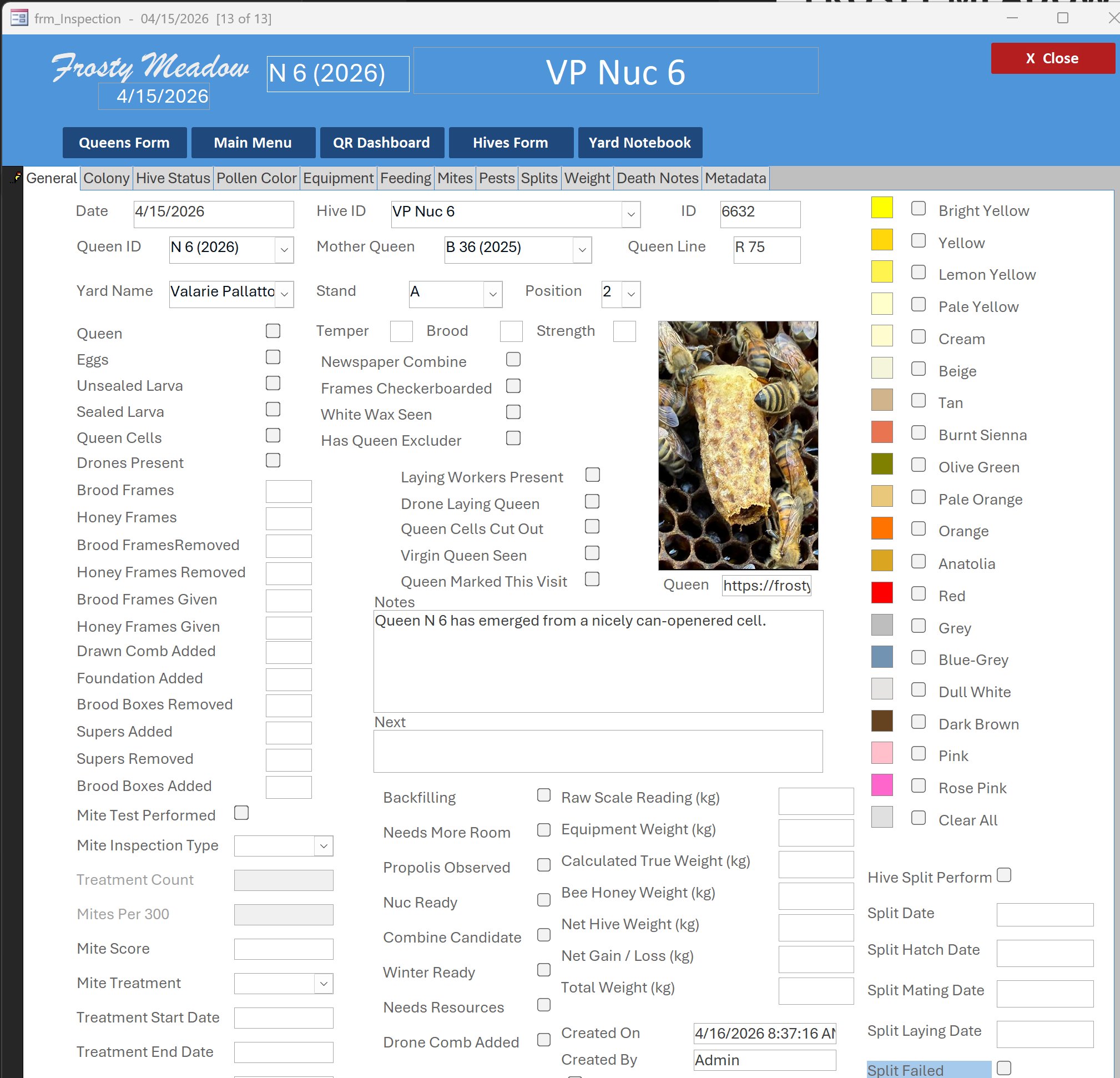 Inspection Form for VP Nuc 6 showing N6 emergence note